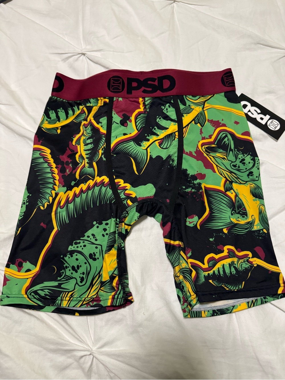 PSD Men’s Fish Graphic Boxer Briefs - Green/Yellow/Black/Burgundy Sz m NEW